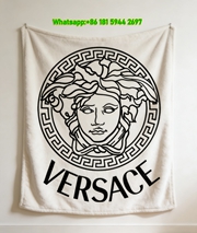 Versace White Black Medusa Greek Key Logo Printed Flannel Throw Blanket IMG_1258
